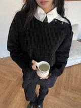 [UNISEX] オーバーフィット ベロア オフショルダー ダブルスナップボタン ロングスリーブ ニットT(4 colors)