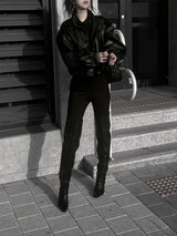 high neck cropped leather jacket