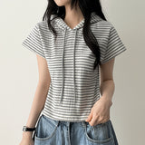 Linka Stripe Dangara Half Crop Short Sleeve Hoodie