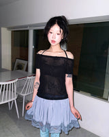 (2color) フラワー刺繍ホルターオフショルダーT