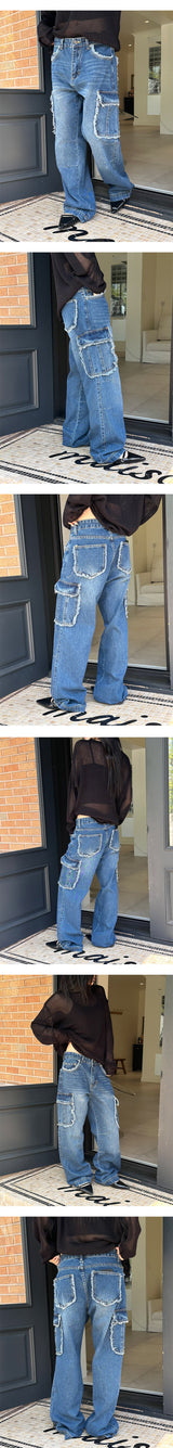 [Unisex] Fringe cargo denim pants(3color)