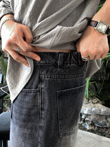 Look Pierre Vintage Washed Back Banding Wide Denim Half Pants