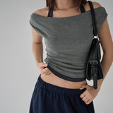 [Letovi] Shirring Off-Shoulder Halter Neck Layered Short-Sleeve T-Shirt - 3 Colors
