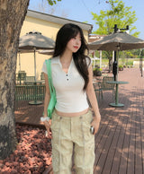 Cien Button V-neck Collared Short Sleeve