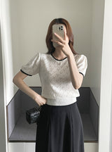 Caron Color Matching Openwork Puff Short Sleeve Knit