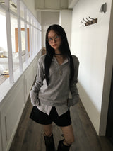 may sleeve button v-neck knit