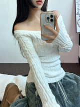 オフショルダーツイードスリンロングニット 🩶🤍🖤3カラー