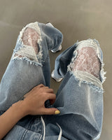 Lace torn jeans. Wide jeans