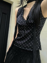 French Dot V-Neck Sleeveless Blouse