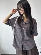Cake Check Button Collar Short Sleeve Shirt 2 COLORS