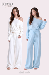 Waffle Asymmetrical Off-Shoulder Sweat Pants Set (TOP+PANTS SET)