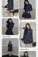 Navy Pleats Gold Shirt Wedding Guest Dress