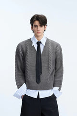 Layered V-Neck Cable Knit Sweater