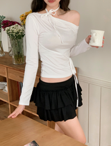 Ribbon Strap One Shoulder Slim T-Shirt (3color)