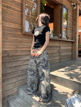 ブラックラウンドレオパードスパンデックスショートスリーブTシャツ