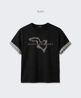 ロールスリーブクロップド半袖Tシャツ ジオグラフィ ブラック