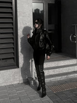 high neck cropped leather jacket