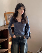 Border Unbalance Button Slim T-shirt (2color)