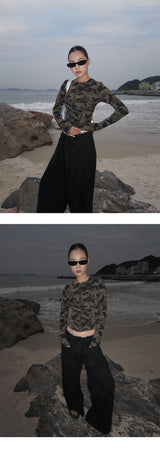 Camo plage back strap long-sleeve zip-up T-shirt