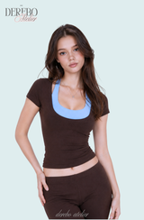 Blue Halter Brown Short-Sleeved T-shirt