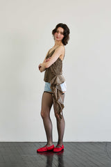 LEOPARD FRILL SLEEVELESS TOP / BROWN