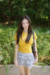 バナナレタリングビーズスパンデックスラウンドネックTシャツ
