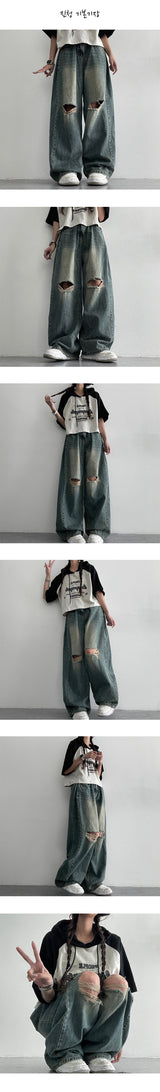 [S~XL] Bendil サイドピンタックニーズカッティングデニムワイドパンツ