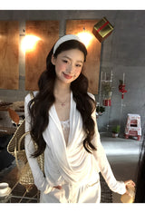 White Smudge Lace Shirring Long Sleeve T-shirt