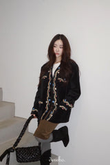 French velvet embroidered no collar jacket