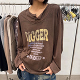 RELABEL (DIGGER Theme Print Series) デジタルディストレスド ダブルカラー ショートワイド ロングスリーブTシャツ