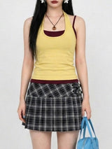 DOUBLE BUCKLE PLAID CHECK PLEATS SKIRT (2COLORS!)