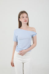 オフショルダーツイスト半袖Tシャツ Sky Blue