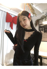 Choker V-neck Lace V-neck Long Sleeve T-shirt