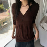 パミールビンテージVネックボタンプリーツ3/4ショートスリーブTシャツ