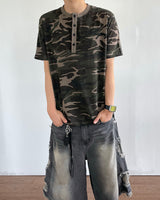 Camouflage Henley Neck Short Sleeved T-shirt