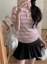 Border Collar Button Short Sleeve Knit (4color)