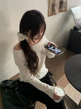 Fuzz Collar Rib Off-Shoulder Slit Long Sleeve Knit
