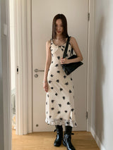 Beige Black Flower Long Dress