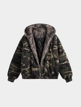 Dark camo semi-crop hooded fur jumper! + dark brown fur trim.