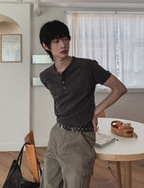リブショールパッチヘンリーネック半袖Tシャツ