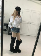 eyelet punching shirring long tee(4 color)