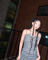 (2color) Bead Shirring Halterneck Stripe Mini Dress