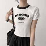 フランカー フラッフィー レタリング ネック カラーリング クロップ ショートスリーブ Tシャツ (3 colors)