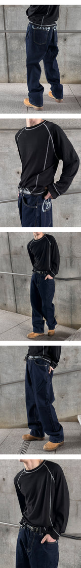 [Unisex] ハンドリングステッチワイドデニムパンツ(3color)