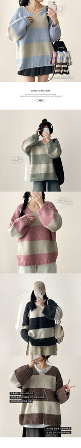 Robin color matching Dangara V-neck loose fit knit