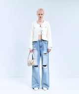 85-VIVAJ057 Line Fringe Crop Tweed Jacket White