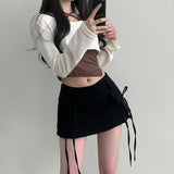 Earth low waist ribbon micromini denim skirt pants