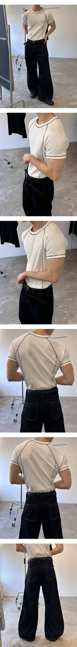 [MUSCLE FIT] Stitch waffle half t-shirts(3color)