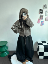 ストリング/フリース❤サイドピンタックバルーンロングパンツワイド🤍🩶🖤3カラー