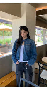 ノーカラーデニムビンテージジップアップジャケット